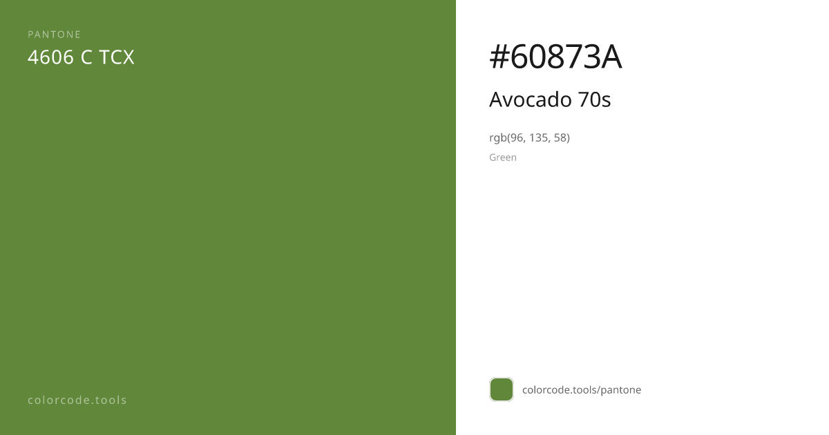 Pantone Avocado 70s 4606 C — HEX #60873A | colorcode.tools