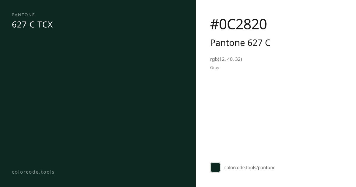 Pantone Pantone 627 C 627 C — HEX #0C2820 | colorcode.tools