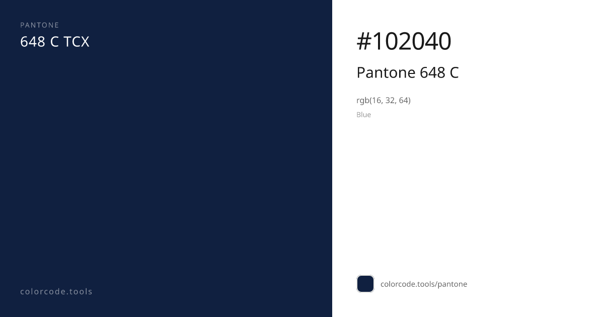 Pantone Pantone 648 C 648 C — HEX #102040 | colorcode.tools