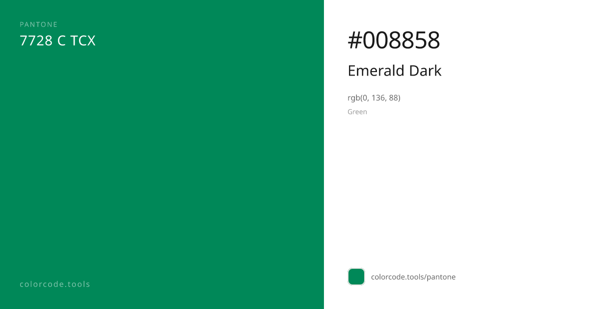 Pantone Emerald Dark 7728 C — HEX #008858 | colorcode.tools